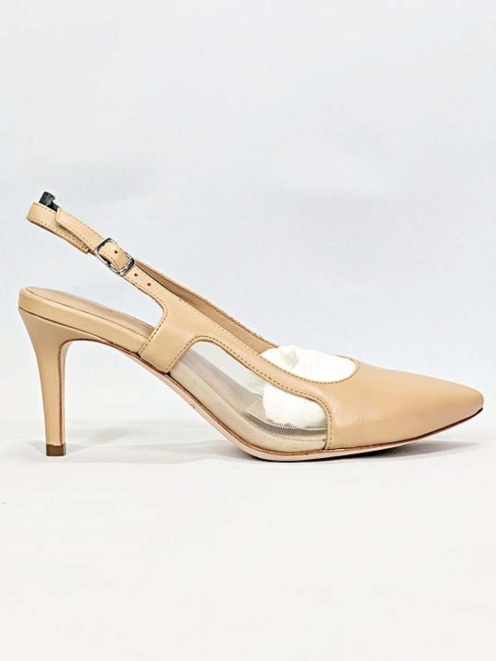 Joan Oloff Women's Nude Leather Mesh Slingback Heels Size 7.5 (MSRP $320)